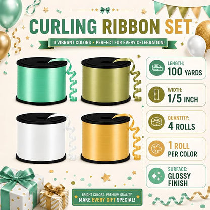BEISHIDA 4 Pack 100 Yard Green Gold Curling Crimped Ribbon Balloon String - Image 2