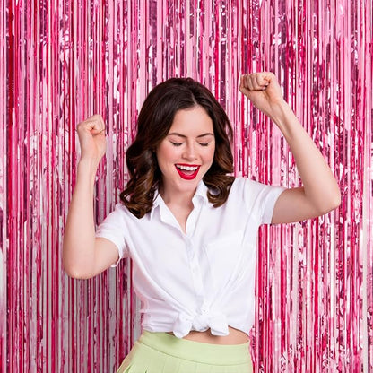 Voircoloria Pink Foil Fringe Backdrop Curtains, 2 Pack | Tinsel Streamers - Image 7