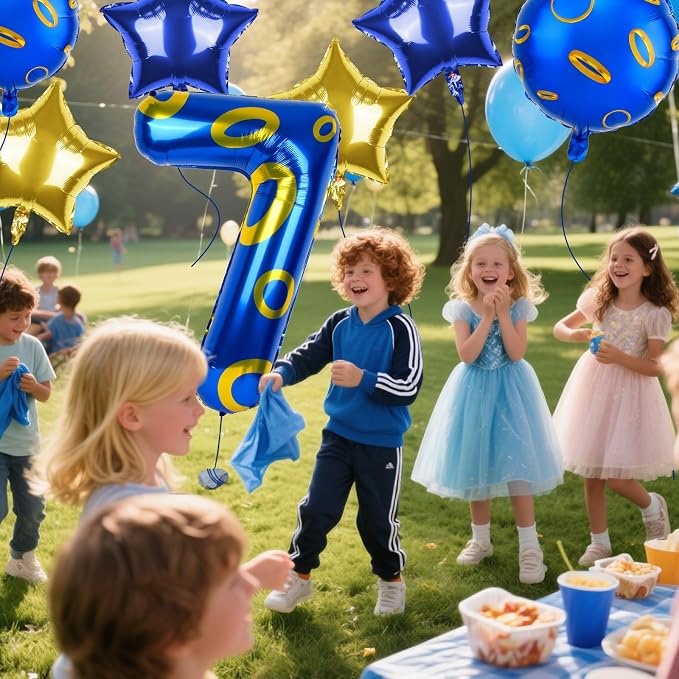 40 Inch Blue and Golden Ring Themed Number Balloon, Number Block Foil Number 7 - Image 6