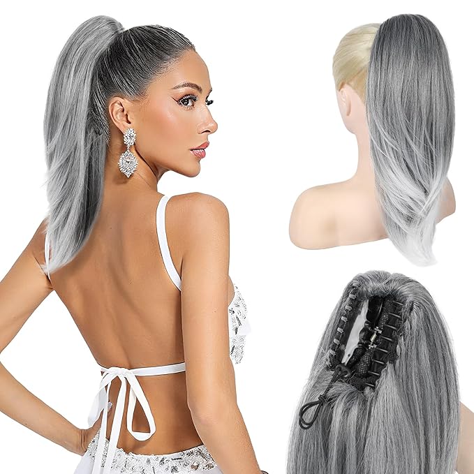 Ponytail Extension – 16” Claw Clip in Ponytail Hair Extensions Natural Soft Synthetic High Pony Tail Hairpieces for Women (Grey with White Ends, 16 inch)