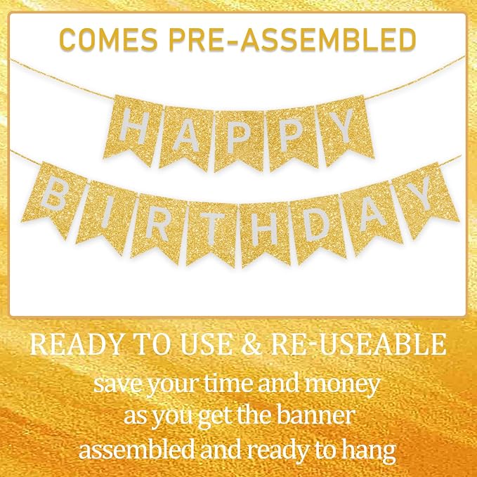 Gold Happy Birthday Banner - 16 ft Pre-Strung Gold Birthday Party Decorations - Image 3