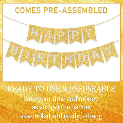 Gold Happy Birthday Banner - 16 ft Pre-Strung Gold Birthday Party Decorations - Image 3