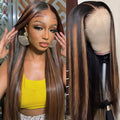 Straight Wigs Human Hair 1B/30 Highlight Ombre Lace Front Wig Human Hair 13x4 Transparent Lace Frontal Black with Brown Highlight Wig for Women 200 Density Glueless Wigs 24 Inch