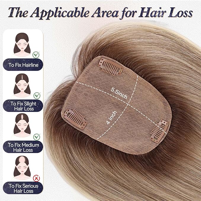 starluck Human Hair Toppers for Women Real Human Hair No Bangs 4 * 5.5 inch Base 12 inch SilkHug Hair Topper for Women Cover Grey Roots(Gray Brown with Platinum)