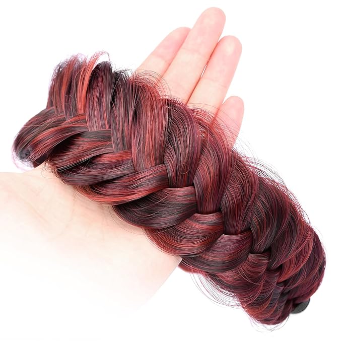 DIGUAN Wide Messy Braided Headband With Teeth Synthetic Hair Plaited Headband High Elasticity Braids Chunky Fishtail Braided Hair Band Hairpiece for Girls Women Beauty Accessory (Burgundy)