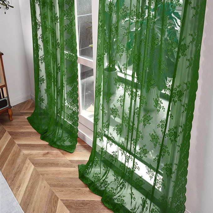 Kotile Emerald Green Floral Lace Curtains - Image 5