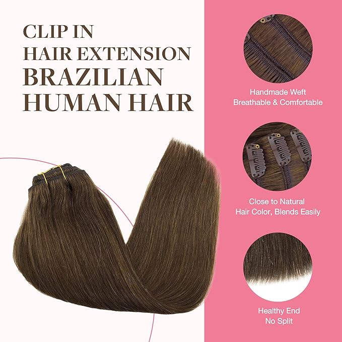 GOO GOO Clip in Hair Extensions Real Human Hair, Remy Human Hair Extensions Clip ins for Women, Natural Human Hair, 18inch 150g 9Pcs, 4A Chocolate Brown