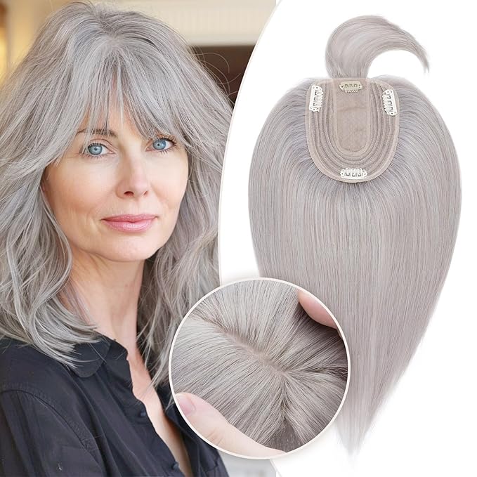 Rich Choices Real Human Hair Toppers for Women With Bang 100% Remy Human Hair Topper for Thinning Hair Clip in Silk Base Hair Topper 14 Inch GREY