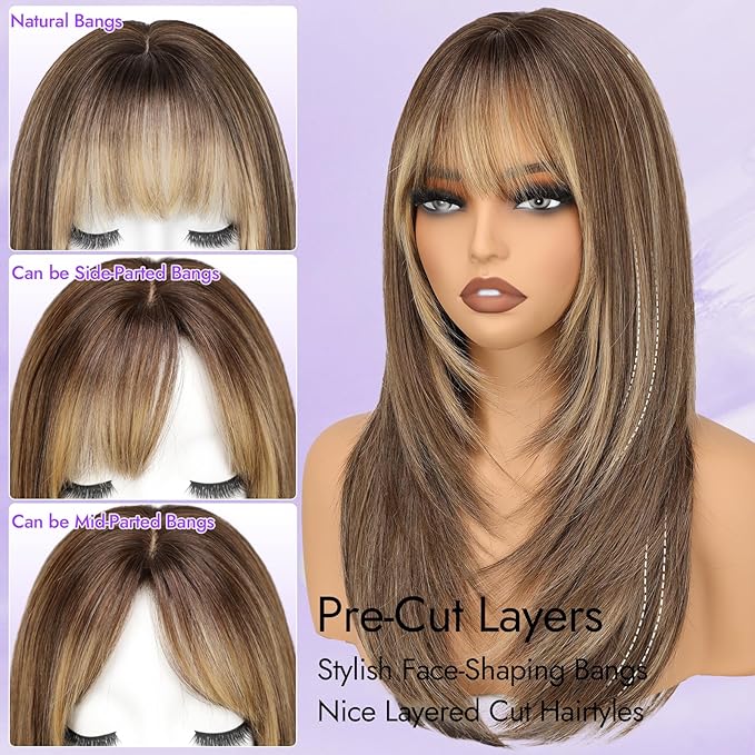 Wig with Bangs for Women Black Straight Face-Framing Layers Hairstyle 4x4 Realistic Scalp Glueless Synthetic Wigs Medium Length for Everyday Use