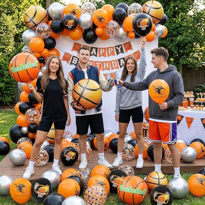 Basketball Balloons Orange Black, 18 Inch Basketball Foil Balloons, 12 Inch - Image 5