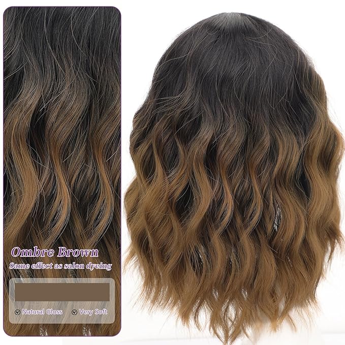 AISI HAIR Ombre Brown Short Wavy Bob Wigs with Bangs for Women Ombre Brown Wavy Wig Natural Looking Resistant Fiber Synthetic Hair for Daily
