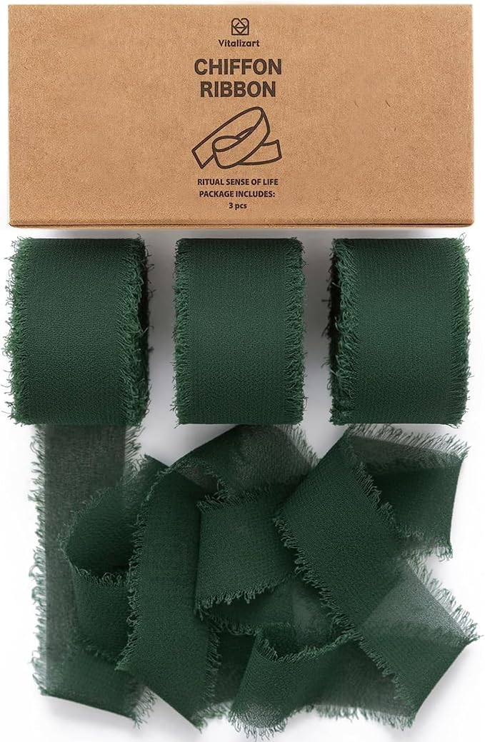 Vitalizart Dark Green Chiffon Silk Ribbon 1" x 21 Yd Handmade Frayed Fringe | by Vitalizart