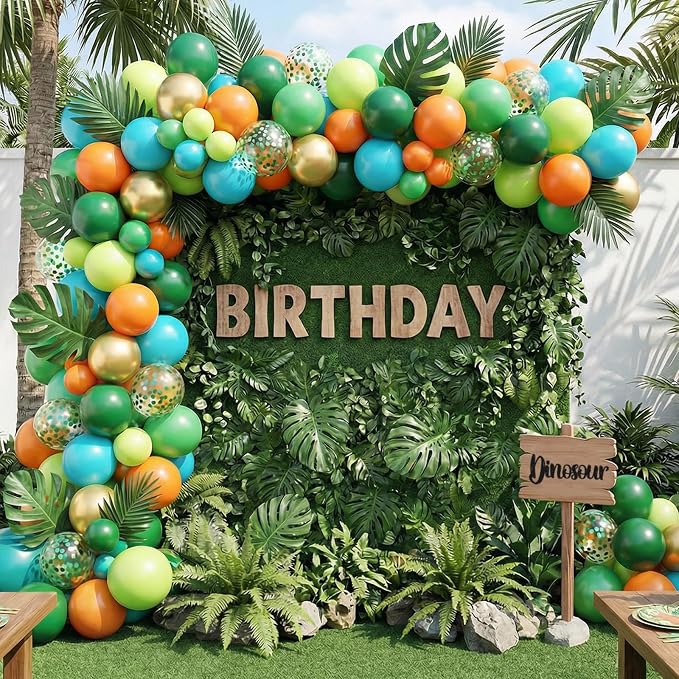 Dinosaur Balloons Set, 12 Inch Dark Green Teal and Orange Balloons, Metallic - Image 7