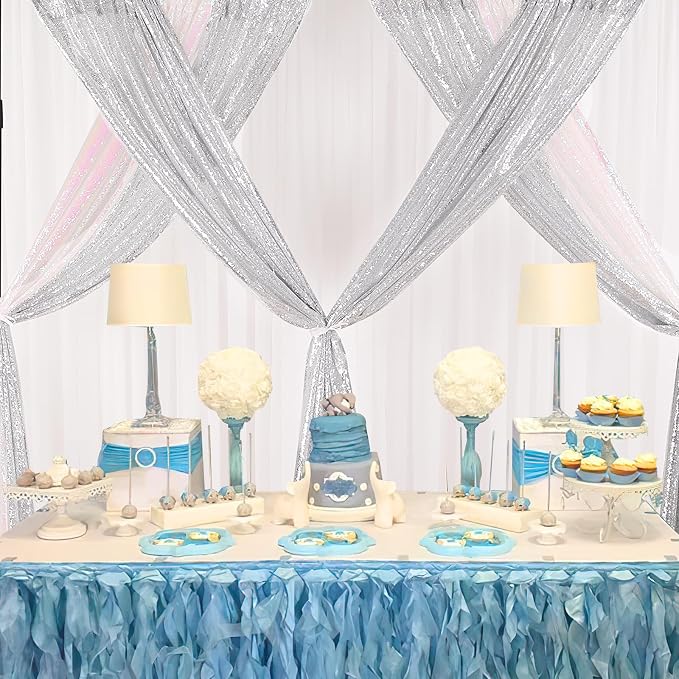 Silver Sequin Backdrop Curtains 4 Pcs 2ftx8ft Glitter Shimmer Fabric | Sparkly - Image 7