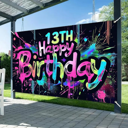 HOMETITUTE Neon 13th Happy Birthday Banner 71x43 Inch Glow Party Supplies | - Image 2