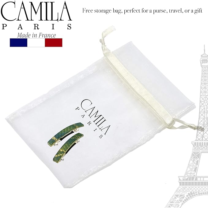 Camila Paris CP3032 French Hair Barrette Clip for Girls, Set of 2 Green Rubberized Metal Clasp Strong Hold Grip Hair Clips for Women, No Slip Durable Styling Girls Hair Accessories, Made in France