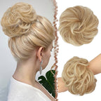 FESHFEN Messy Bun Hair Pieces - Large Wavy Curly Elastic Hair Bun Scrunchies Ponytail Extensions Synthetic Chignon Hairpieces for Women, Dark Golden Mix Beige Blonde 1.94oz