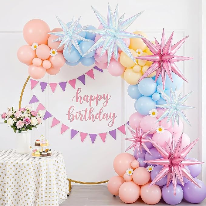 9Pcs Light Pink and Iridescent Star Balloons, Large Explosion Foil Balloons - Image 4
