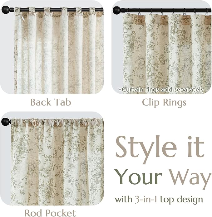 jinchan Green Floral Linen Curtains 63 Inch Farmhouse Back Tab 2 Panels | Light - Image 9