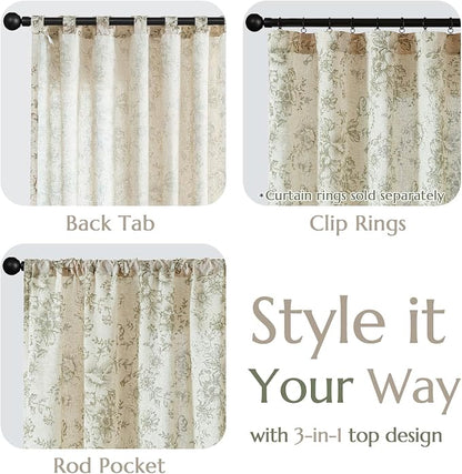 jinchan Green Floral Linen Curtains 84 Inch Farmhouse Back Tab 2 Panels | Light - Image 8