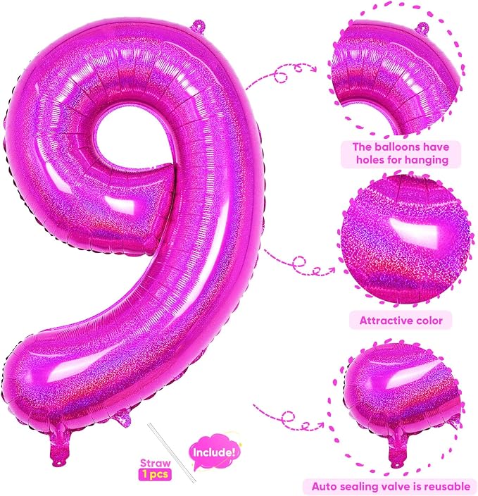 Hot Pink 9 Balloon, 40 Inch Large Laser Hot Pink Foil Helium Number Balloons 0-9 - Image 3