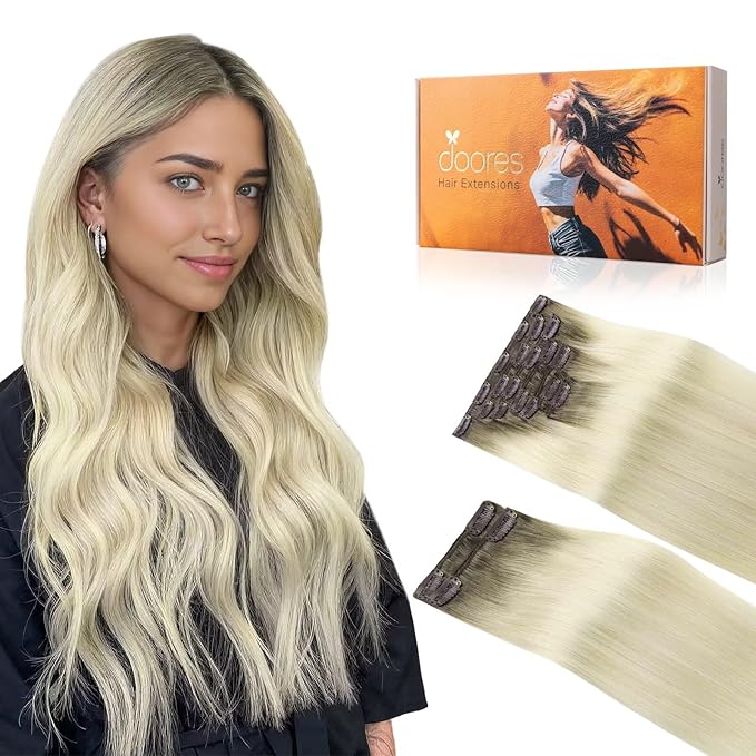 DOORES Clip in Extensions, Light Ash Brown to Ash Blonde 24 Inch, 150g 9pcs, Thick Straight Non Razor Cut Natural Human Hair