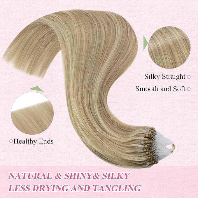YoungSee Microlink Hair Extensions Human Hair Golden Blonde Mix Medium Blonde Highlight Micro Bead Hair Extensions Real Human Hair 22In 50g 50s Bead Hair Extension for Engagement