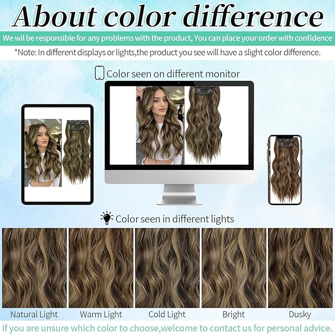 KooKaStyle Clip in Synthetic Highlight Hair Extensions Long Wavy 4PCS Thick Hairpieces Balayage Chocolate Brown to Caramel Blonde Fiber Double Weft Natural Hair Extensions 20 Inch for Women