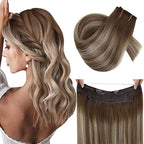 RUNATURE Brown Ombre Blonde Wire Hair Extensions Real Human Hair, Invisible Wire Hair Extensions Remy Straight Hair，One Piece 14 Inch 70g #3/8/22 Walnut Brown to Light Brown with Light Blonde