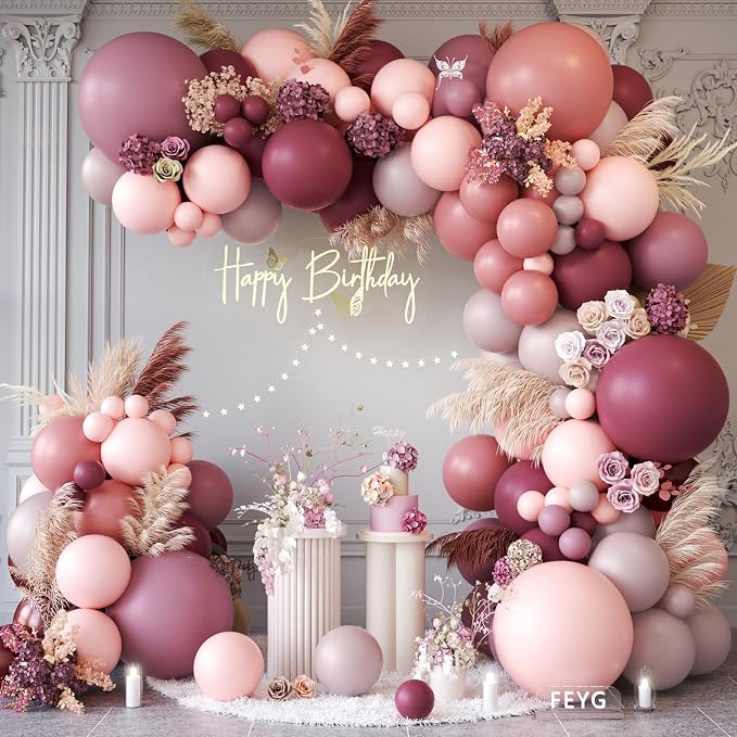 Dusty Rose Pink Balloon Garland Arch, Retro Purple Burgundy Pink Balloons by FEYG