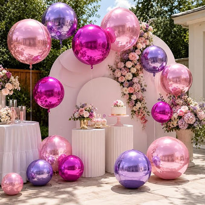 15 Pcs Pink and Purple Round Foil Balloons, 22/15/10 Inch 4D Ball Balloons Hot - Image 6