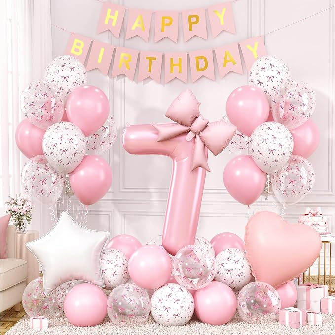 7th Pink Bow Birthday Decorations by Xinvery