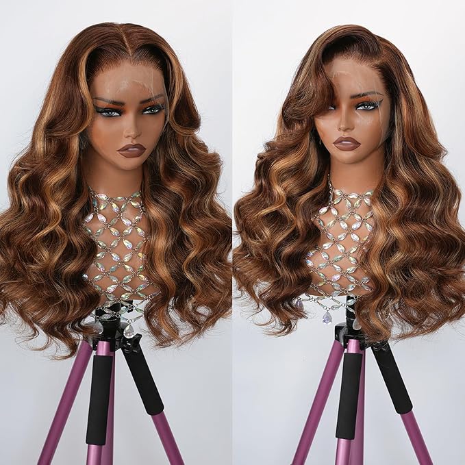 13x4 Full Frontal Lace Wig 4/27 Honey Blonde Ombre Lace Front Wigs Human Hair Skinlike HD Lace 0.10mm Ultra-thin Invisible Highlight Body Wave Lace Front Wig 24 Inch Pre plucked Baby Hair 200% density