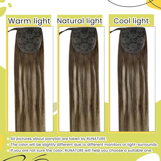 RUNATURE Human Hair Ponytail, Balayage Ponytail Extension Human Hair, Straight Real Hair Ponytail Extension, Tangle Free No Shedding, 16 Inch 80g #4/27/4 Medium Brown to Honey Blonde Highlights