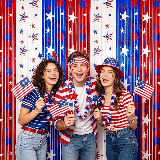 jijAcraft Red White Blue Star Tinsel Foil Fringe Curtain, 3 Pack 3.2x6.5 Feet - Image 4