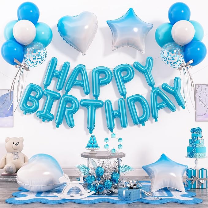 29PC Light Blue Happy Birthday Balloon Banner, 16 Inch 3D Letter Banner Sign by Paready