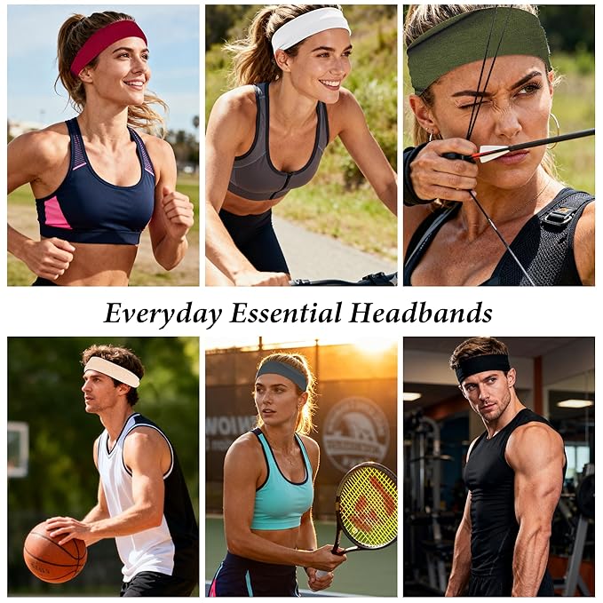 Sweat Bands Headbands for Women's Hair - 6 Pack Workout Wide Headband for Women Non Slip, Stretchy Athletic Head Band, Elastic Soft Fabric Hairbands, Sweatbands for Yoga Running Gym Sports Exercise