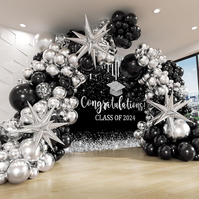 Mocsicka Black and Sliver Graduation Backdrop Congratulations Class of 2024 - Image 4