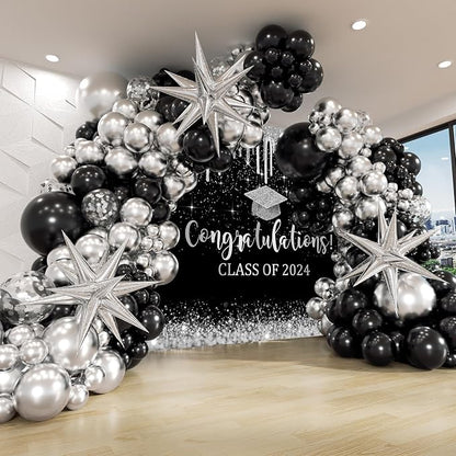 Mocsicka Black and Sliver Graduation Backdrop Congratulations Class of 2024 - Image 4