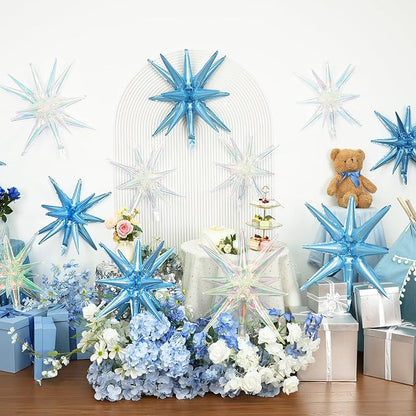 9Pcs Light Blue and Iridescent Star Balloons, Large Explosion Foil Balloons - Image 4