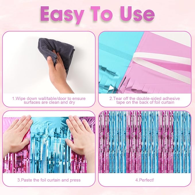 Voircoloria Blue Pink Foil Fringe Backdrop Curtains, 3 Pack | Tinsel Streamers - Image 4