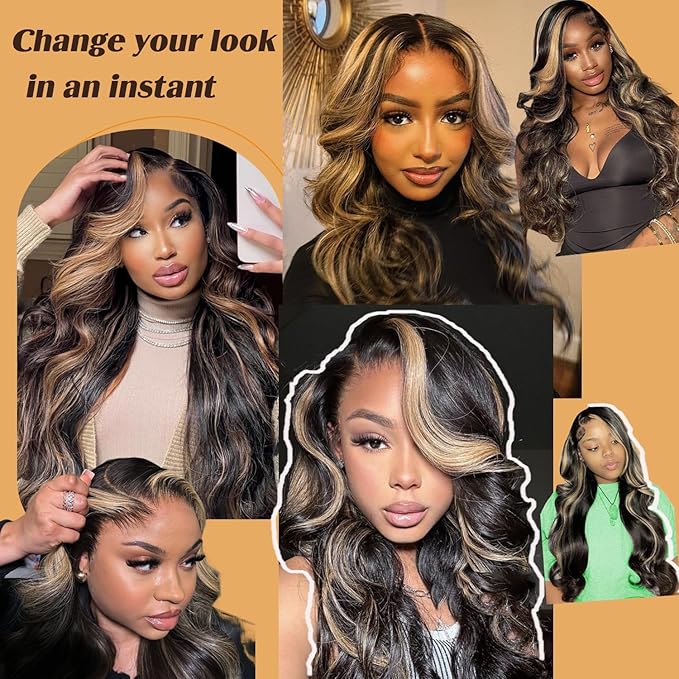 28 Inch 1B/27 13x6 Balayage Highlight Ombre Body Wave Lace Front Wigs Human Hair 200 Density Honey Blonde Colored HD Lace Frontal Glueless Wigs Human Hair Pre Plucked for Women Triple Lifespan 3X