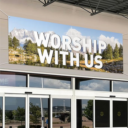 2 Pcs Worship with Us Large Banners 6 × 2ft Welcome to Our Church Flag Welcome - Image 3