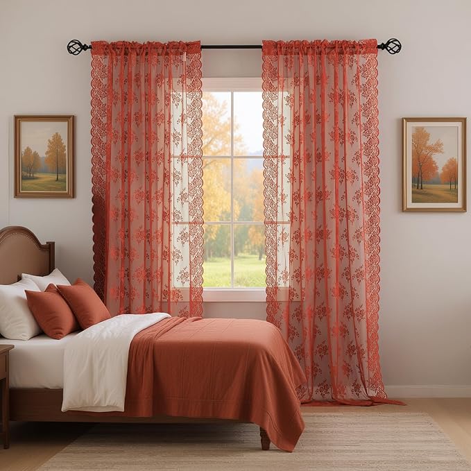 Kotile Burnt Orange Floral Lace Curtains - Image 4