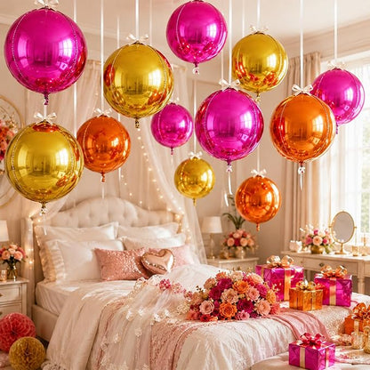 9 Pcs Pink Orange Gold Round Foil Balloons 22 In Metallic Hot Pink Gold Orange - Image 6