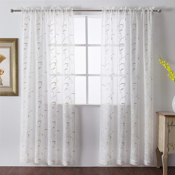 White Sheer Curtains Beige Embroidered Leaves 2 Panels 54Wx96L | Light - Image 2