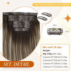 Full Shine Seamless Clip in Hair Extensions Remy Human Hair 16 Inch 120G 8 Pcs Balayage Brown Ombre to Light Brown Mix Blonde Human Hair Clip in Extensions for Women