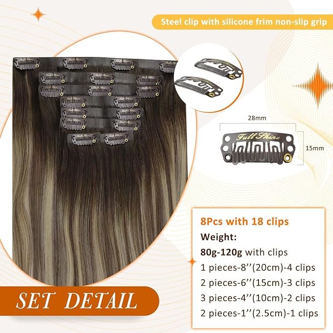 Full Shine Balayage Human Hair Clip in Extensions Brown Ombre Clip in Hair Extension Light Brown Mix Blonde Invisible Hair Extension 18 Inch 120 G 8 PCS