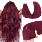 GOO GOO Tape in Hair Extensions Human Hair, Burgundy, 12inch 40g 20pcs, Skin Weft Seamless Invisible, Silky Straight with Thick Ends, Remy Human Hair