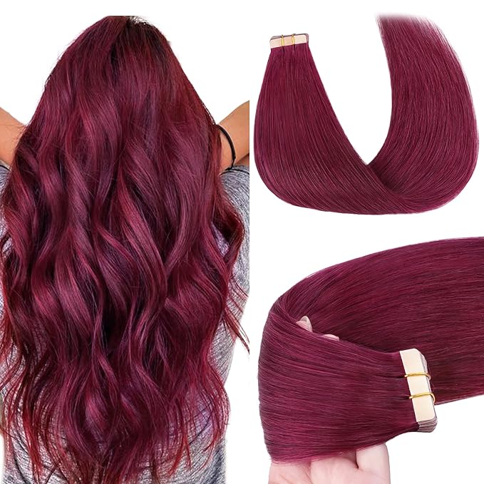 GOO GOO Tape in Hair Extensions Human Hair, Burgundy, 16inch 50g 20pcs, Skin Weft Seamless Invisible, Silky Straight with Thick Ends, Remy Human Hair